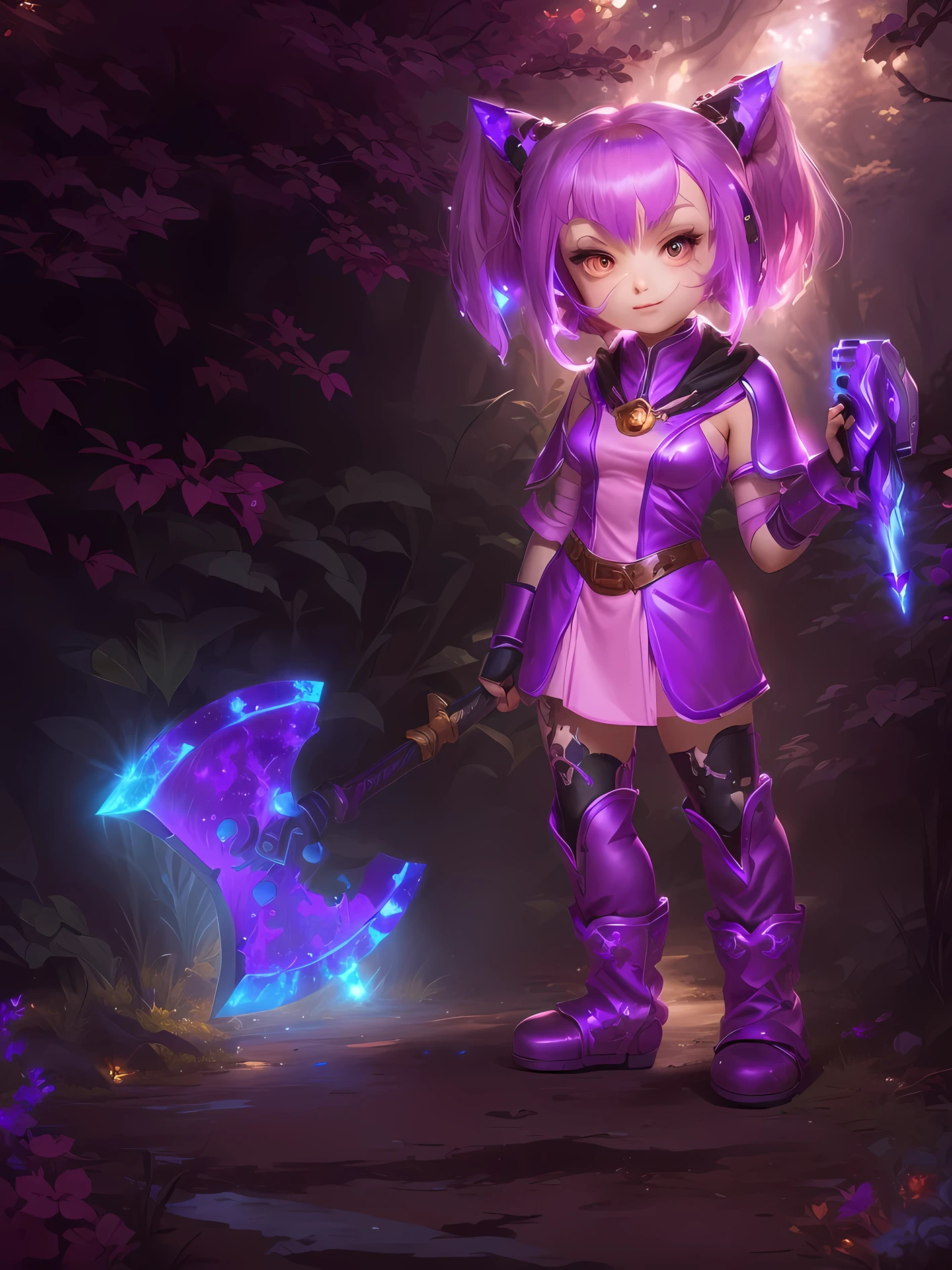 anime girl with a purple outfit holding a large axe, annie from league of legends, natalie from epic battle fantasy, mighty princess of the wasteland, rpg character art, inspired by Daphne Fedarb, advanced digital chibi art, fantasy d&d character, rpg concept art character, evil princess of the wasteland, character design contest winner, game character design, inspired by Harriet Powers