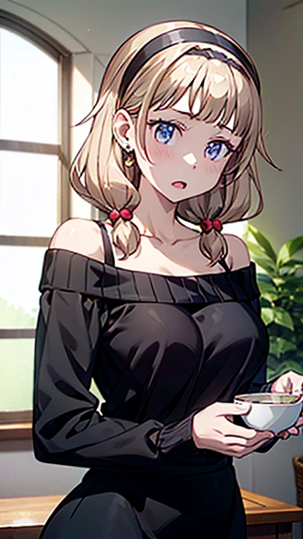masterpiece, yor, 1girl, Amazing Cleavage:1.3, thin waist, big ass, Raised sexy, medium breast: 1.8 posed cleavage:1.2、solo, looking at viewer, open mouth, have a cup of coffee,black hair, red eyes, dress, bare shoulders, jewelry, collarbone, sidelocks, hairband, earrings, indoors, off shoulder, :o, sweater, arms behind back, plant, short hair with long locks, white hairband, off-shoulder dress, sweater dress, off-shoulder sweater, red sweater, big side hair, very long side hair,is rendered in (masterpiece: 1.2, best quality), with (ultra high resolution) and an exquisite (depth of field). This masterpiece is not only visually stunning but also tells, teach of cooking ,in the kitchen