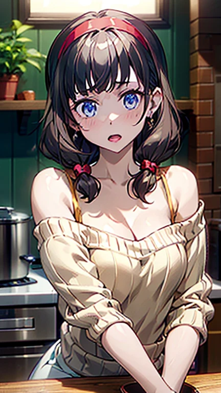 masterpiece, yor, 1girl, Amazing Cleavage:1.3, thin waist, big ass, Raised sexy, medium breast: 1.8 posed cleavage:1.2、solo, looking at viewer, open mouth, have a cup of coffee,black hair, red eyes, dress, bare shoulders, jewelry, collarbone, sidelocks, hairband, earrings, indoors, off shoulder, :o, sweater, arms behind back, plant, short hair with long locks, white hairband, off-shoulder dress, sweater dress, off-shoulder sweater, red sweater, big side hair, very long side hair,is rendered in (masterpiece: 1.2, best quality), with (ultra high resolution) and an exquisite (depth of field). This masterpiece is not only visually stunning but also tells, teach of cooking ,in the kitchen
