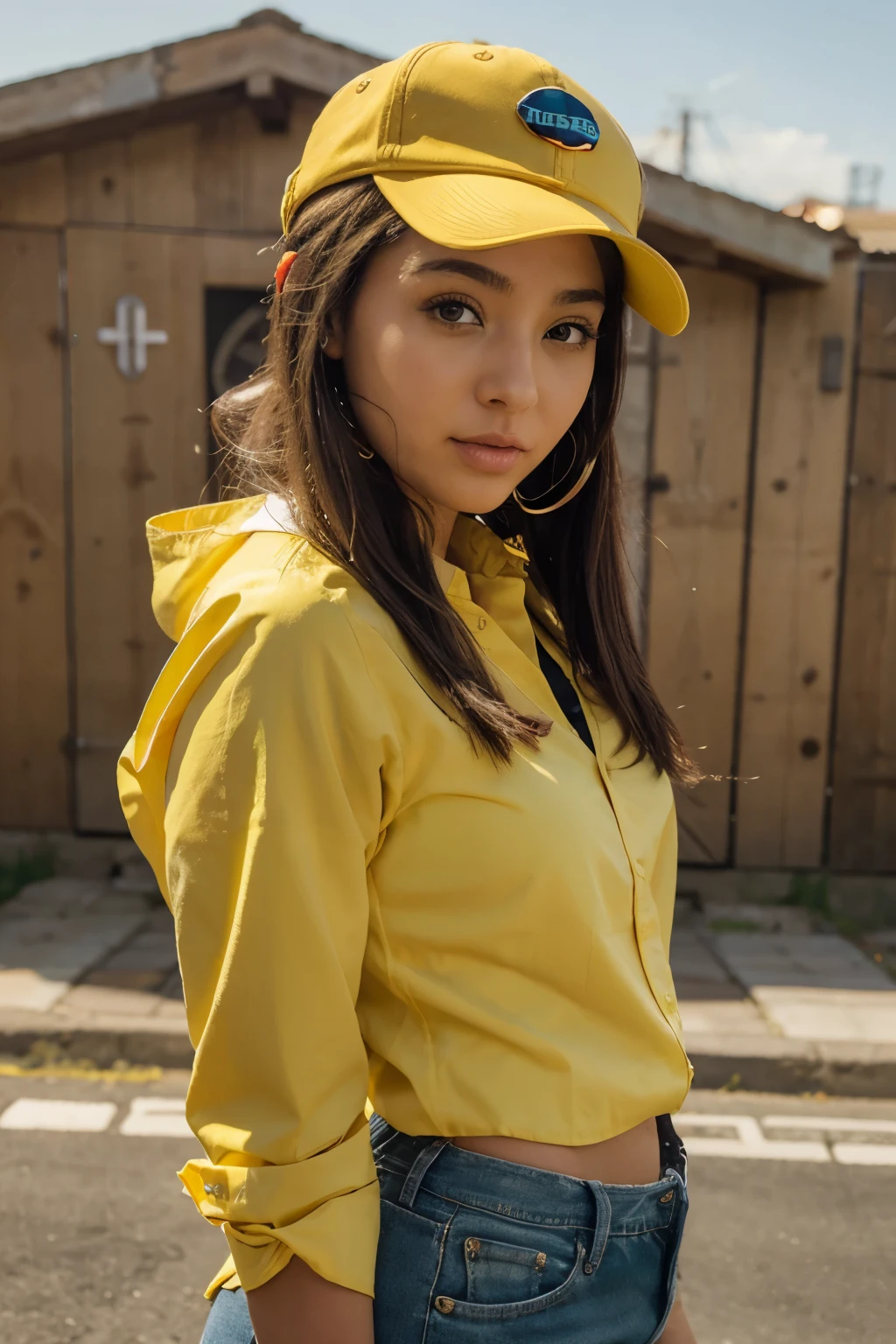 ski style, miku tienesune, obra maestra, mejor calidad, 1 chica, Rubor, ojos aguamarina, gorra, boca cerrada, pendientes, tiene, hoop pendientes, joyas, mirando al espectador, camisa, fondo sencillo, solo, parte superior del cuerpo, yellow camisa gordita masturbandose