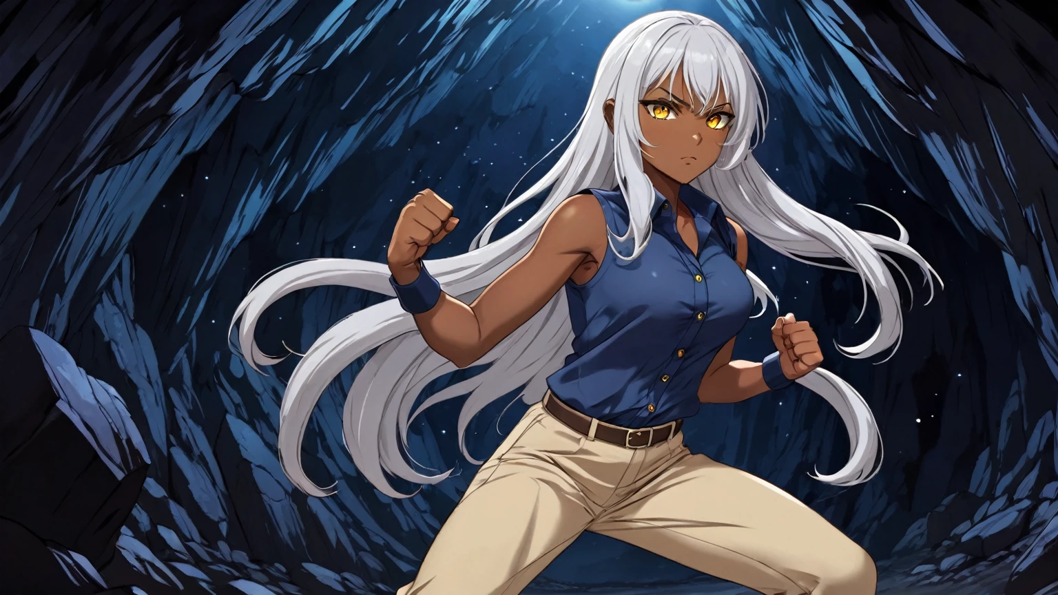 Brown skin beautiful y anime girl with long silver hair & yellow eyes, clenching her fists, fight idle pose, wearing blue sleeveless butup collared shirt & beige khaki pants, inside of a dark cave in a dark night sky, 1girl