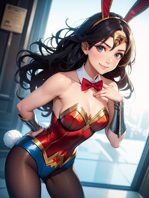 a sexy woman, pantyhose, wonder woman strapless leotard, bunny ears headband, wrist cuffs, bowtie, bunny tail, smile, cowboy shot, highly detailed, HD, 4K, Masterpiece, highres