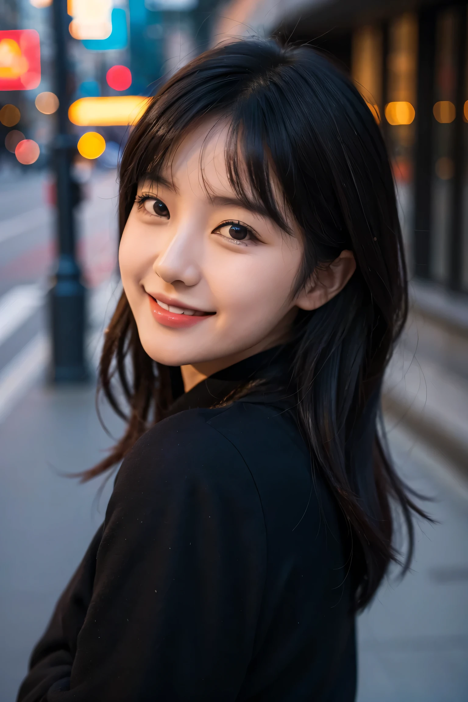 A dark-haired Korean girl smiling and looking at the camera