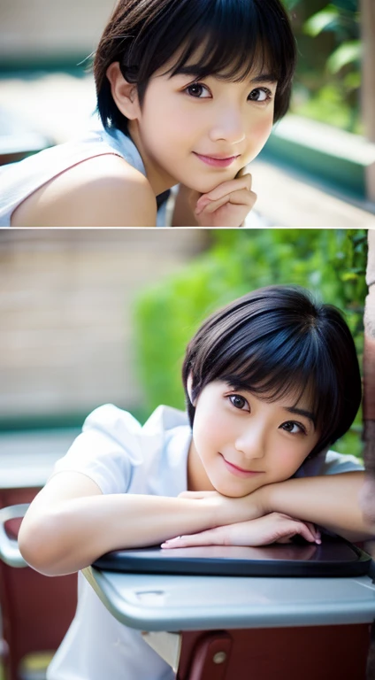 (happy expression:1.26)、RAW photo、(((Ultimate beauty half body photo shoot)))、((glowing skin))、1 girl、35 year old beautiful girl in Prague、10th generation、primary school student、young、Young Face、bright look、detailed face、bewitching、((black haired、short cut hair:1.2))、(Sitting on a chair with elbows on a school desk and legs wide)、((standing on tiptoe))、counter point shot、((super detailed))、(Perfectly detailed face)、(detailed hands)、(finger details)、(excellent human structure)、photorealistic imageasterpiece、最high quality、super detailed、film light、intricate details、High resolution、very detailed))、detailed background、8KUHD、Digital single-lens reflex camera、soft light、high quality、film grain、Fujifilm XT3 、shallow depth of field、natural soft light、Kamimei、classroom、View from slightly below