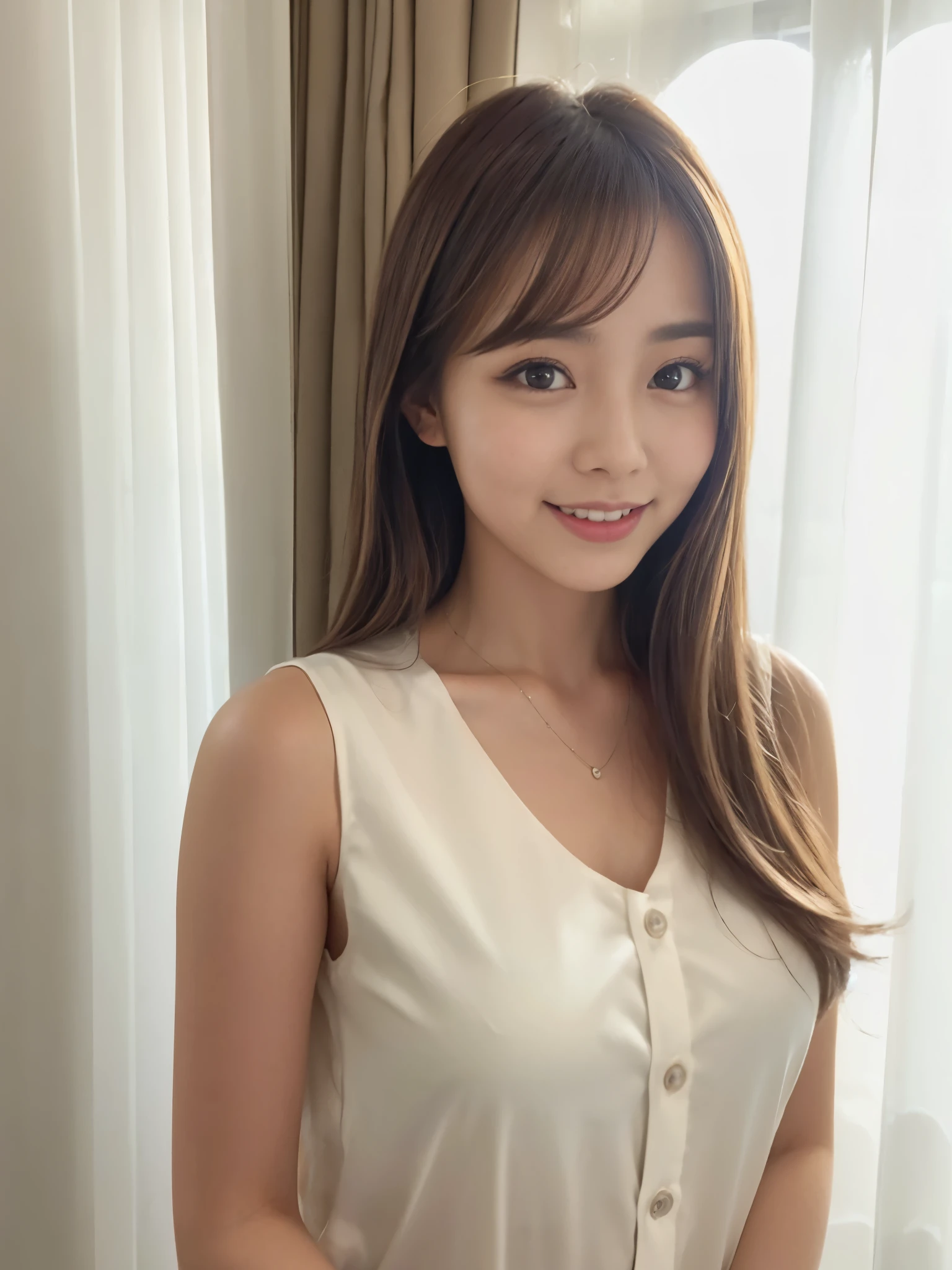 A beautiful Japanese shy girl, age 18 years old, brown hair, brown big eyes, shiny lip, shiny hair, ecstatic expression, wearing sleeveless front button solid white blouse, The background is very blurry, in front of huge window with white curtain, wearing neckless, back light shine in,