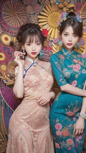 (masterpiece, highest quality, highest quality, Official Art, beautifully、aesthetic:1.2), (3People Girls:1.3), Very detailed,(Fractal Art:1.1),(colorful:1.1)(Flowers:1.3),Most detailed,(Zentangle:1.2), (Dynamic pose), (Abstract background:1.3), (China dress:1.2), (Shiny skin), (Many colors:1.4), ,(Earrings:1.4),
