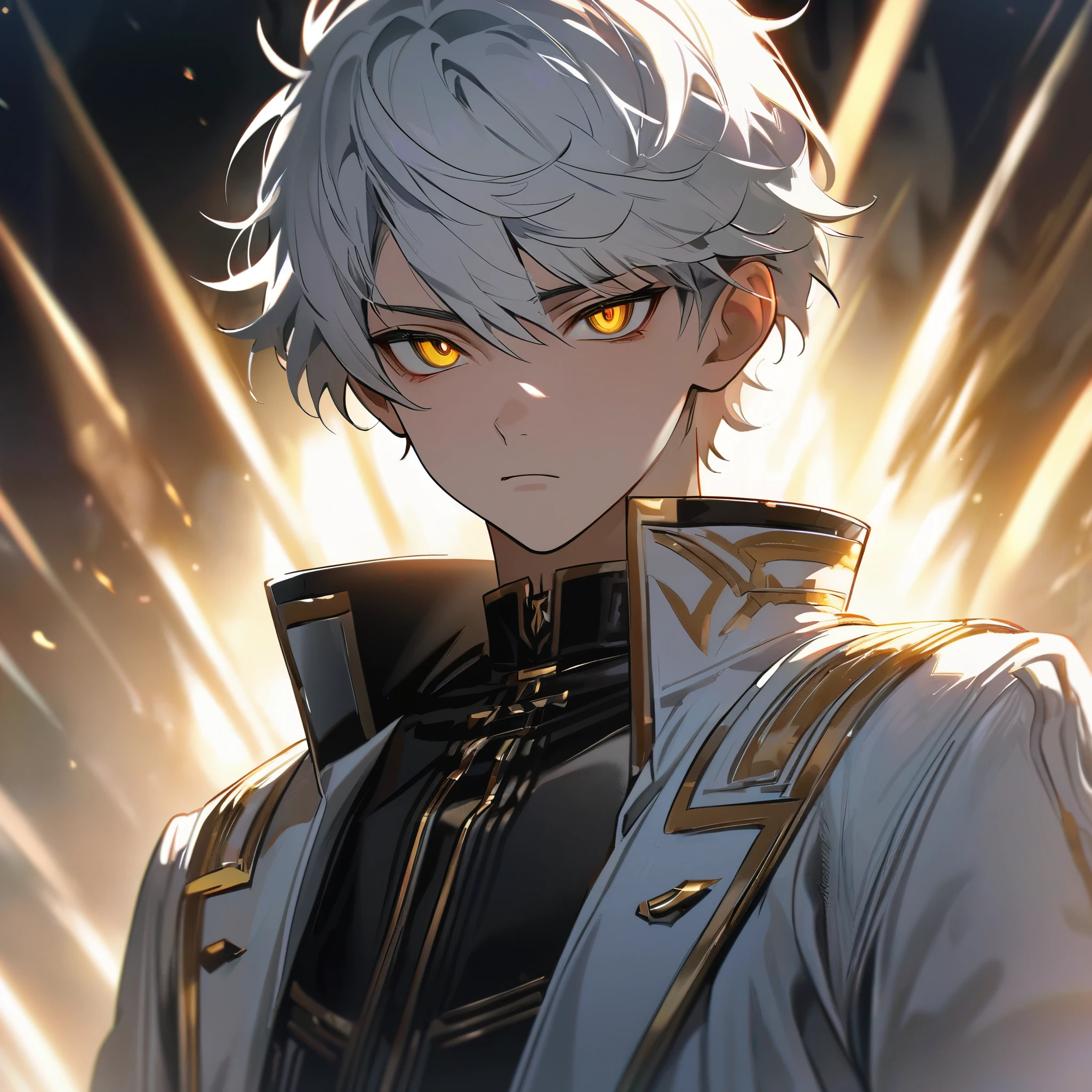 High quality, HD, 4k, handsome male, 1male, 17 years old, teenager, golden lining, short white hair, sharp eyes, gold eyes, devil may cry, close up, calm expression, stoic expression, black leather clothes, white leather clothing, upper body, looking at viewer, cowboy shot, white solar, shining background