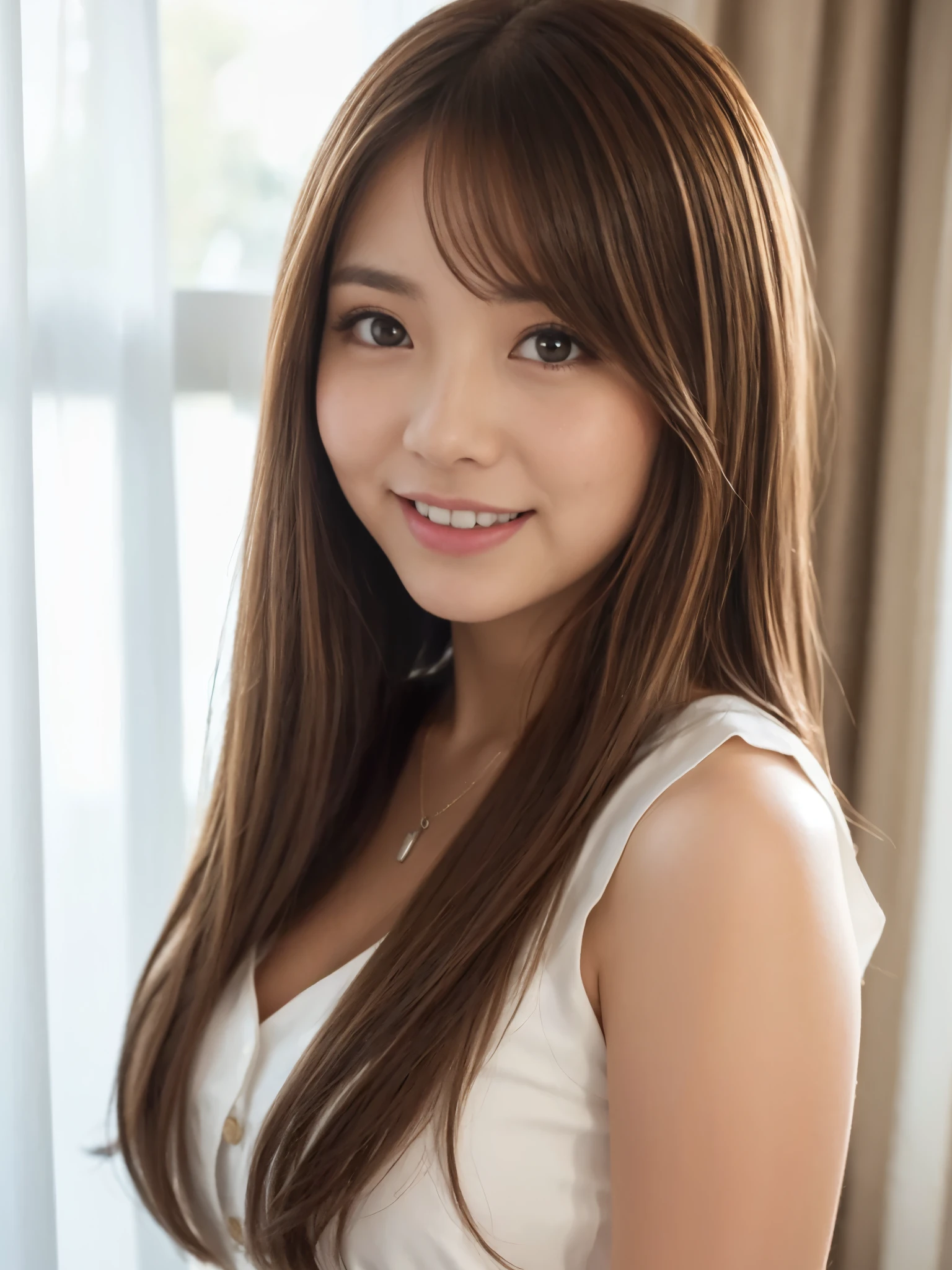 A beautiful Japanese shy girl, age 18 years old, brown hair, brown big eyes, shiny lip, shiny hair, ecstatic expression, wearing sleeveless front button solid white blouse, The background is very blurry, in front of huge window with white curtain, wearing neckless, back light shine in, 