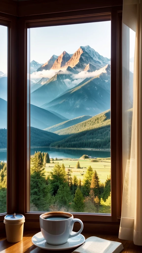 morning dawn, there is a hot cup of coffee on the table, The window offers a beautiful view of the summer mountains, there is a Bible on the table, The Word of God.