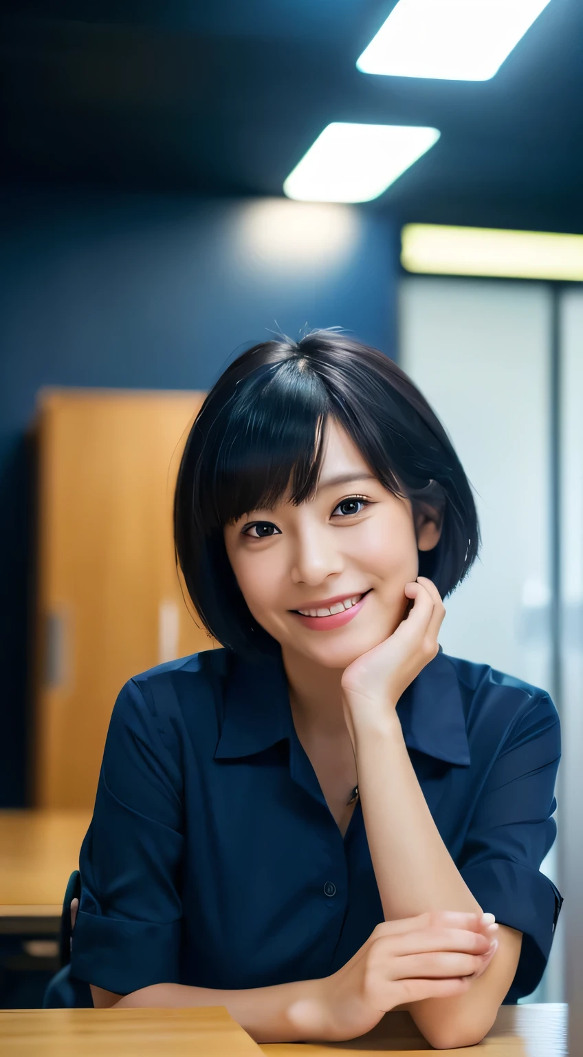 (8K, RAW photo, best quality, resolution: 1.2), (actual, photorealism: 1.5), 1. Female, ((35 years old)), Taiwanese, alone,smile， beautiful woman sitting at desk , ((return)), ((return to camera)), ((dark blue shirt)), ((black short hair)), detailed subject, cute and very detailed, ((day room)), ((bright) ), (cool lights)
