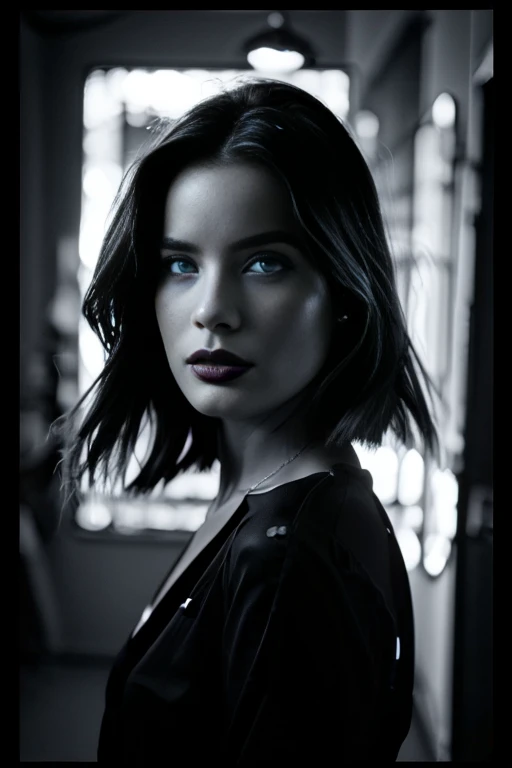 (((Photo noire et blanc))), film noir style, Maginifique, 1fille, Seulement, demi-corps, Dramatic lighting, monochrome, high contrast, ombres dramatiques, 40s style, Mysterious, cinematic, (glossy red lips , electric blue detailed eyes, tout le reste en noir et blanc, photo B&W, Photo noire et blanc)