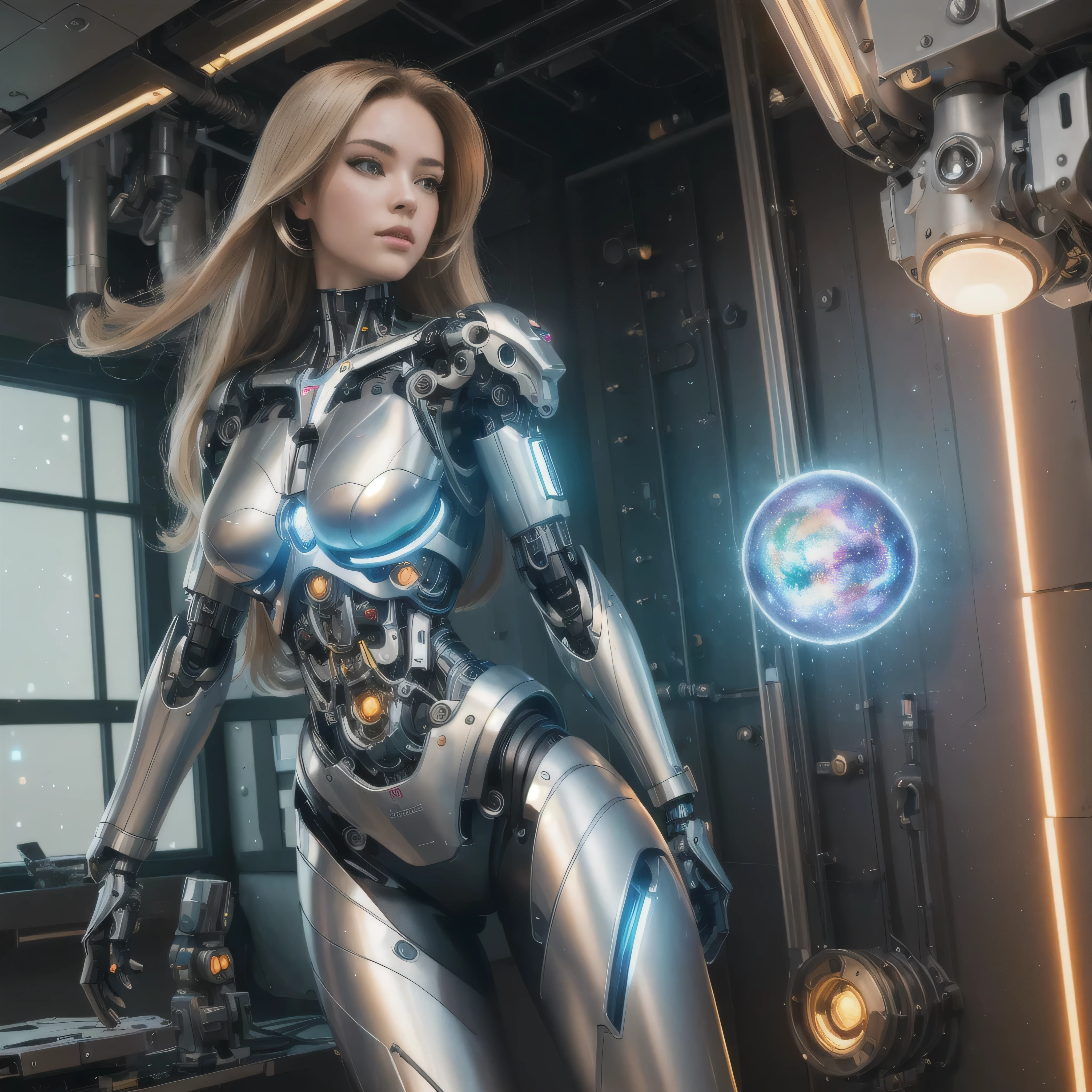 (masterpiece, best quality:1.2), 1girl, solo, Ultra High Resolution, ((Photorealistic: 1.4), 1 Cyborg Girl, Glowing Skin, 1 Mechanical Girl), ((Ultra Realistic Details)). Arafed woman in a futuristic suit standing in a room., cyborg girl, beautiful cyborg girl, girl in mecha cybernetic armor, cyborg - girl, beautiful white cyborg girl, cute cyborg girl, beautiful and seductive female cyborg, beautiful cyborg girl, perfect anime Cyborg woman, Cyborg woman, cyborg girl, perfect cyborg woman, cyborg fashion model. beautiful bare legs, perfect female legs, view of her crotch, small bright LED lamps, global illumination, deep shadows, Octane Rendering, 8K, Ultra Sharp, realistic light, facing the camera, neon details, (In the forest, hot summer,). ((colorful galaxy background, glass window)) ((colorful galaxy background, glass window))