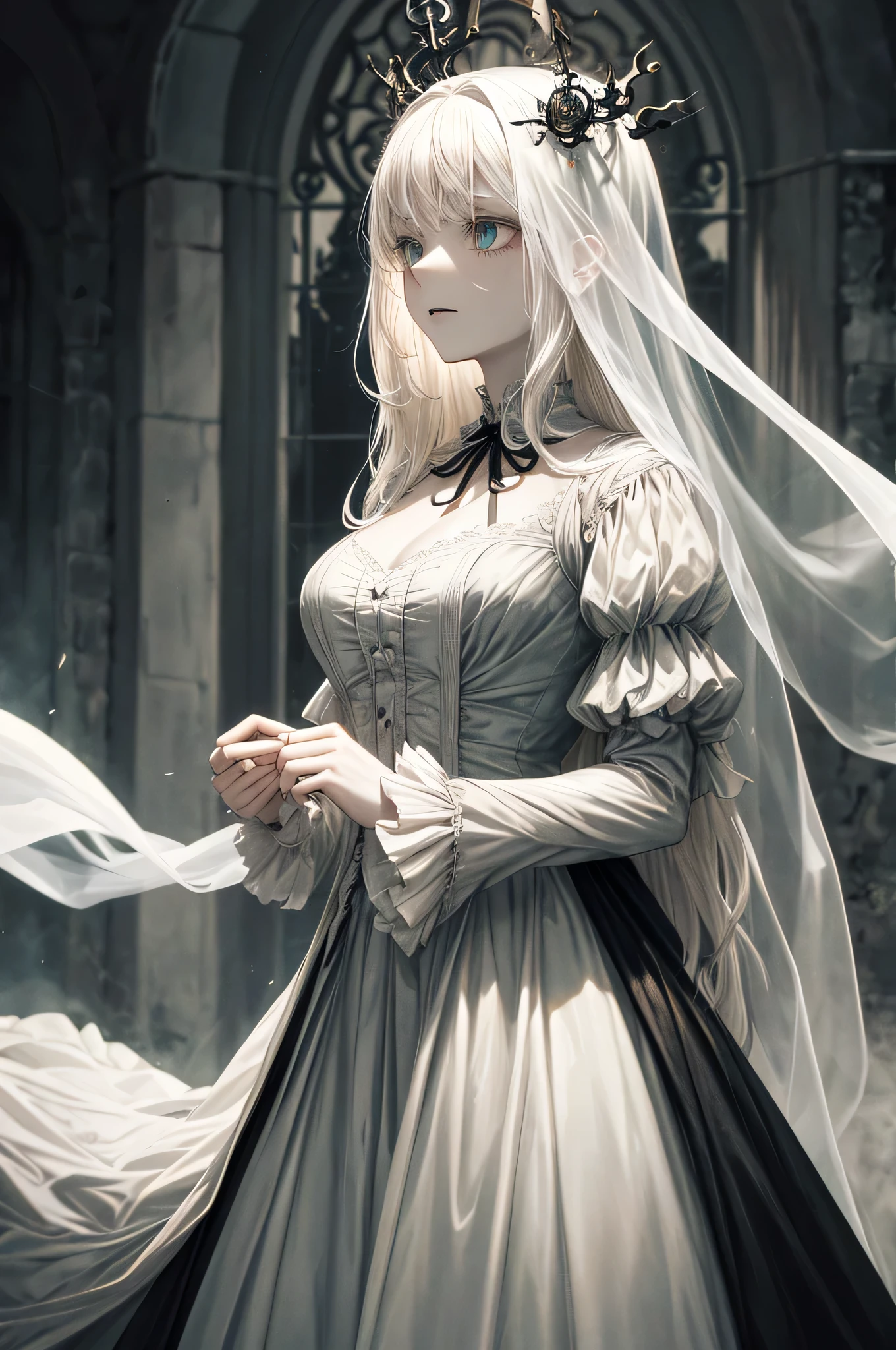 Ghostly aesthetic nightmare: 1phantom, ethereal, translucent, haunting, detailed, long, flowing, tattered, gown, Victorian era, pale skin, hollowed eyes, spectral, lantern light, atmospheric, candlelit, foggy, abandoned manor, ghostly apparition, eerie, Gothic, haunting, solo, mournful, melancholic, mysterious, chilling, full frame, high resolution, best quality, masterpiece, shudder-inducing, hair standing on end.