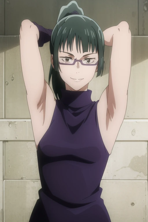 (masterpiece), (best quality), (ultra-detailed), (best illustration), (best shadow), (absurdres), ponytail hair, green hair, ((brown eyes)), maki zenin, 1girl, solo, bangs, wearing purple crotop, turtleneck, sleeveless, smile, looking at viewer, upper body, armpits, armpits visible, wearing purple glasses