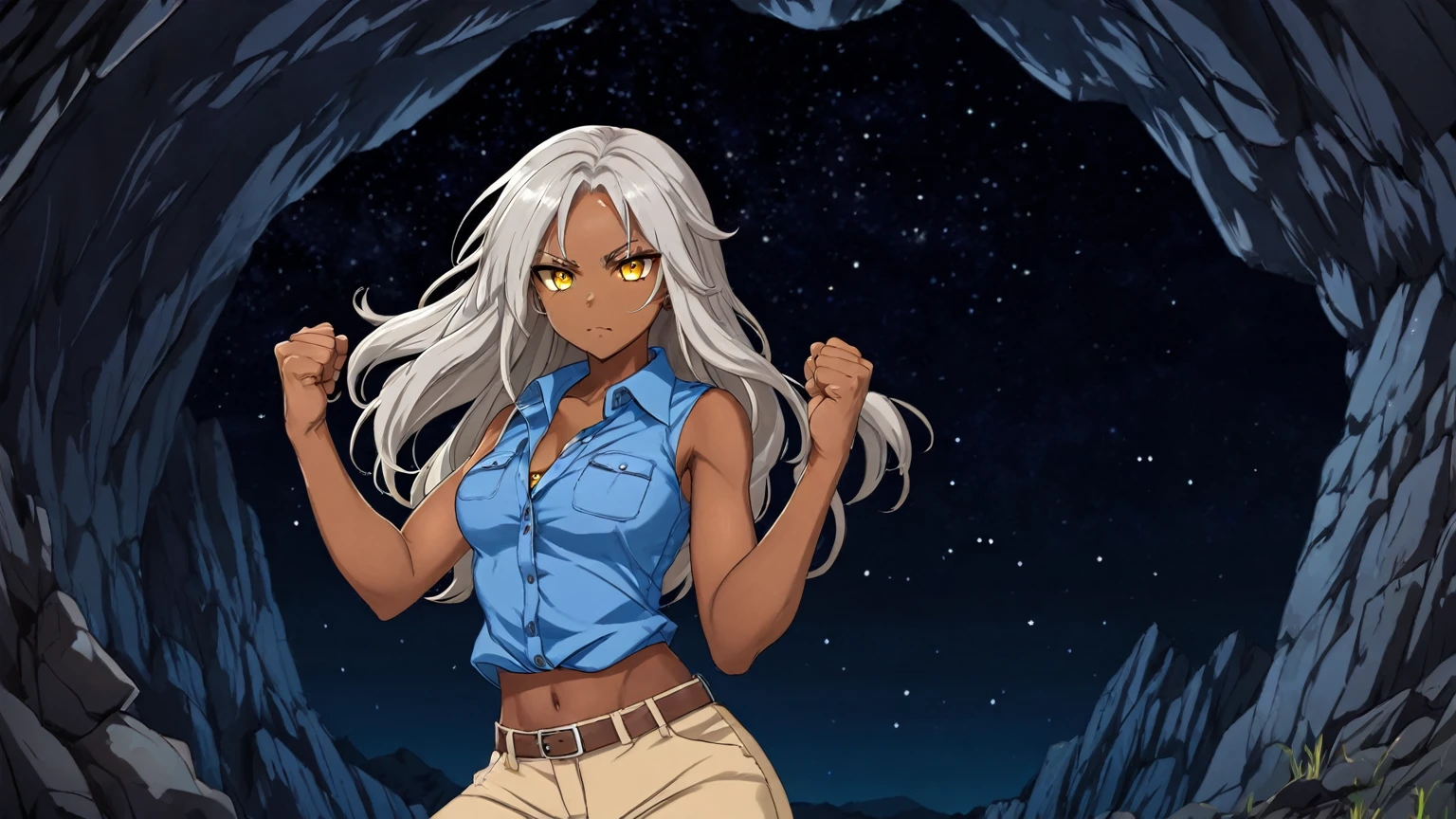 Brown skin beautiful sexy anime girl with long silver hair & yellow eyes, clenching her fists, fight idle pose, wearing blue sleeveless button up collared shirt & beige khaki pants, inside of a dark cave in a dark night sky, 1girl