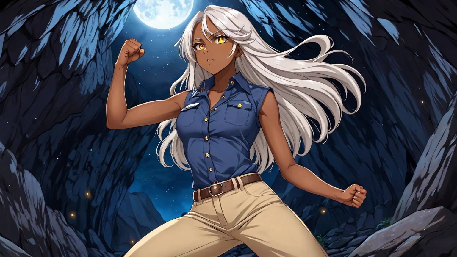 Brown skin beautiful sexy anime girl with long silver hair & yellow eyes, clenching her fists, fight idle pose, wearing blue sleeveless button up collared shirt & beige khaki pants, inside of a dark cave in a dark night sky, 1girl