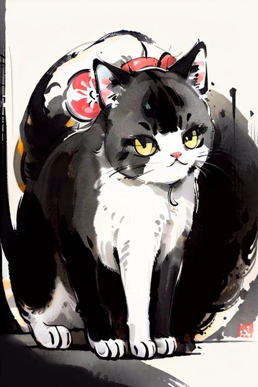Funny cat, Black and white background, Simple, With Japanese elements
