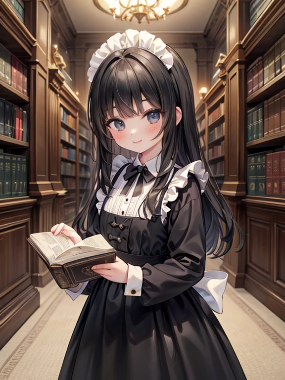 masterpiece, highest quality, Very detailed, 16k, Ultra-high resolution, Cowboy Shot, Detailed face, Perfect Fingers, 14-year-old girl, smile, smile, black eye, Black Hair, Long Hair, Black maid outfit, library, Lots of books around, I read a book