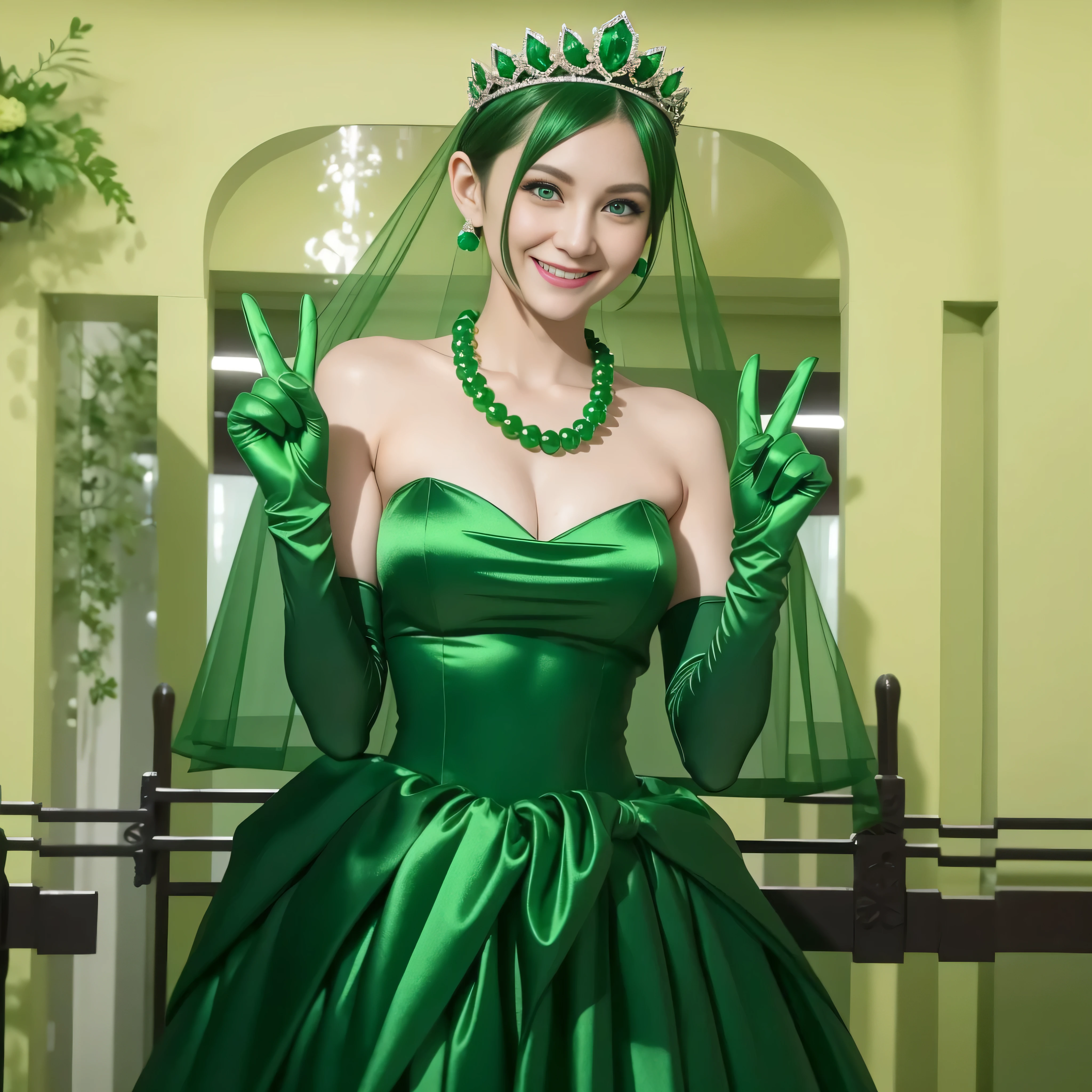 Emerald tiara, Green Pearl Necklace, Boyish very short green hair, lipstick, Smiling Japanese woman, Very short hair, Big and beautiful, Green Eyes, Long green satin gloves, Green Eyes, V sign, Emerald Earrings, Green veil, peace sign, 30-year-old female, Bride in her 30s