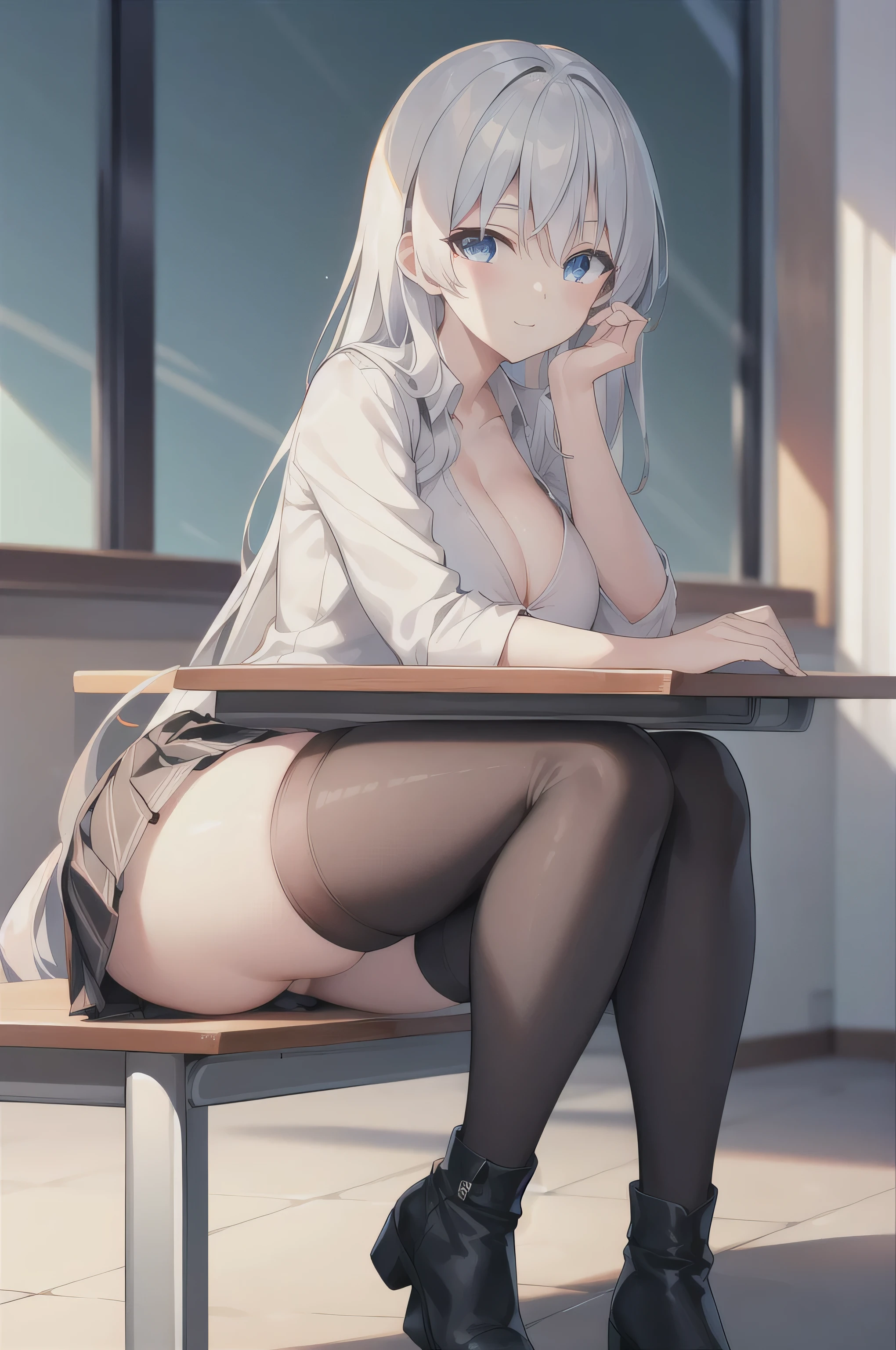 white hair, long hair, s eyes:1.5), (Large Breasts:1.2),
Rest special short skirt, skirt, White shirt， Setofuku,Low-cut，Cleavage，With eyes closed，boots，
Resting looking at viewer,
Rest indoors, Classroom break (masterpiece:1.2), best quality, high resolution, Unity 8k Wallpaper, (illustration:0.8), (Beautiful and delicate eyes:1.6), Extremely detailed face, Perfect lighting, Extremely detailed CG, (Perfect hands, Perfect anatomical structure),