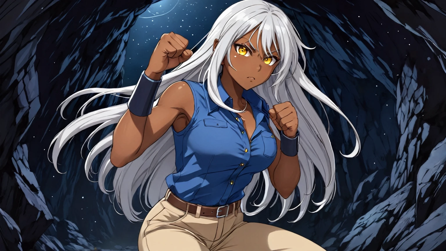 Brown skin beautiful sexy anime girl with long silver hair & yellow eyes, clenching her fists, fight idle pose, wearing blue sleeveless button up collared shirt & beige khaki pants, inside of a dark cave in a dark night sky, 1girl