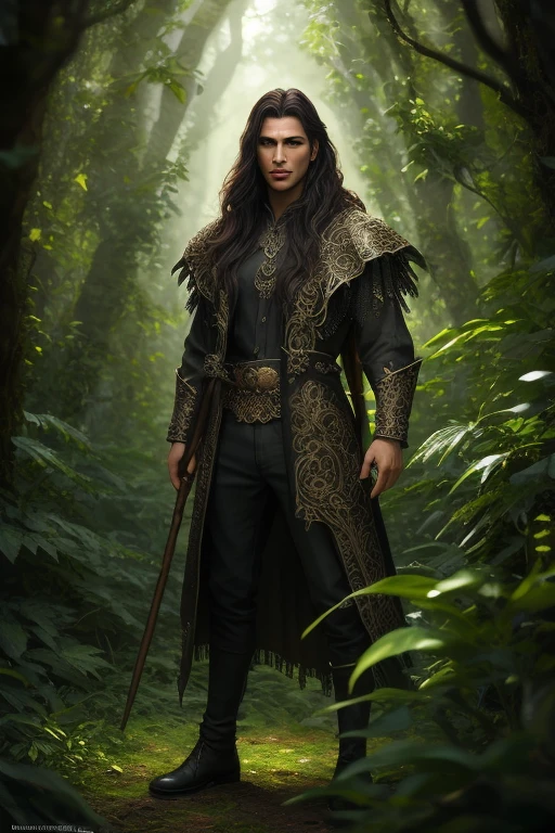 full Body photorealistic handsome Hunky Forest Spirit, skin made leaves and vines filigree, holding a glowing emerald jewel staff,. Forest as background face frontal camera focus asymmetrical face details,charachter, beautiful, devian art, trending artstation, digital art, detailed, realistic, humanoide, character,cinematic show ,cinematic lights, high textures, high resolution, dreamlikeart,