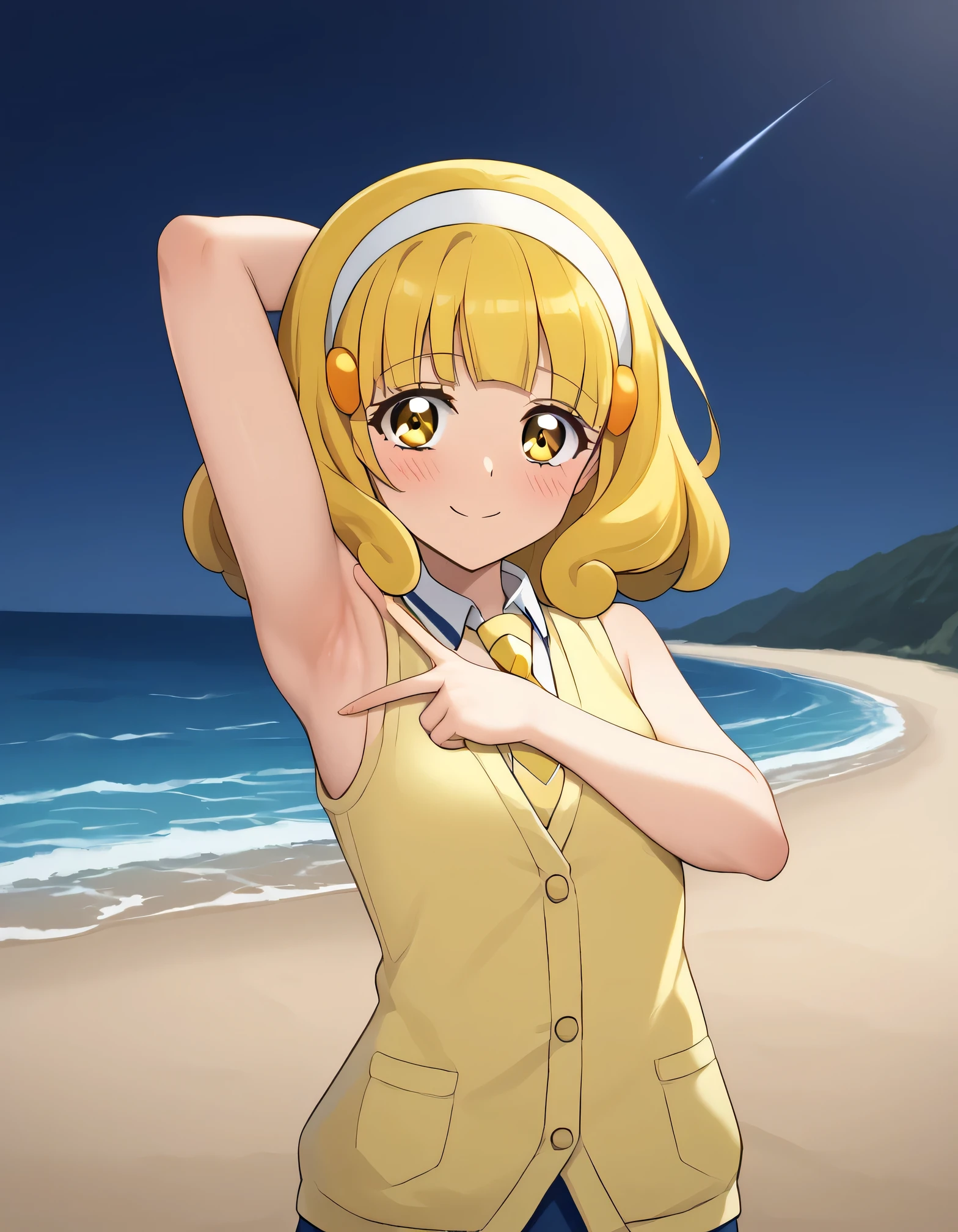 score_9, source_anime, rating_safe BREAK 1girl, solo
kise yayoi, yellow hair, yellow eyes, white hairband, hair ornament, medium hair, nanairogaoka middle , yellow necktie, yellow cardigan, (cowboy shot:1.5), solo, night sky, beach, arm behind head, contrapposto, spread armpits, looking at viewer, best quality, closed mouth, shy, presenting armpit, hand on own armpit, blushing, smile, sleeveless,