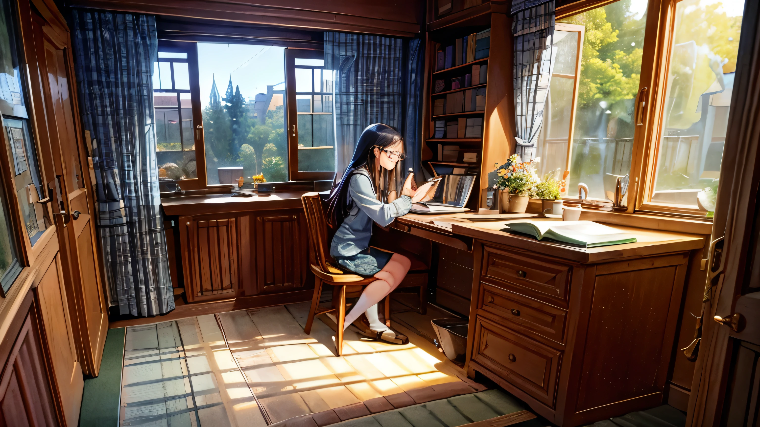 A study room with a warm and cozy atmosphere in cartoon animation style, warm lighting, many books on the bookshelf, a bonfire in the fireplace, a teacup on the desk, a laptop and notes on the desk, a pretty curtain on the window in the room, and outside the window. N: An atmosphere that makes you want to study while it's raining, cafe-like style, a garden outside the window, rain, a scene with a girl wearing glasses studying on the desk, and a cute cat yawning on the carpeted floor.