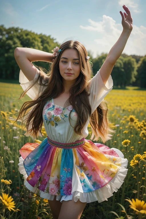 A whimsical girl with long, flowing hair made of flowers, dancing in a field of vibrant colors. Rendered in a dreamy, watercolor style.