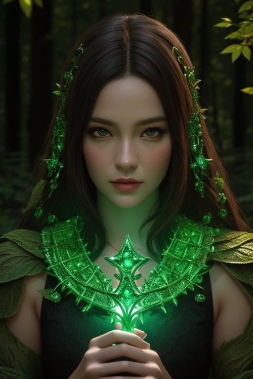 Half Body photorealistic handsome Hunky Forest Spirit, skin made leaves and vines filigree, holding a glowing emerald jewel staff,. Forest as background face frontal camera focus asymmetrical face details,charachter, beautiful, devian art, trending artstation, digital art, detailed, realistic, humanoide, character,cinematic show ,cinematic lights, high textures, high resolution, dreamlikeart,