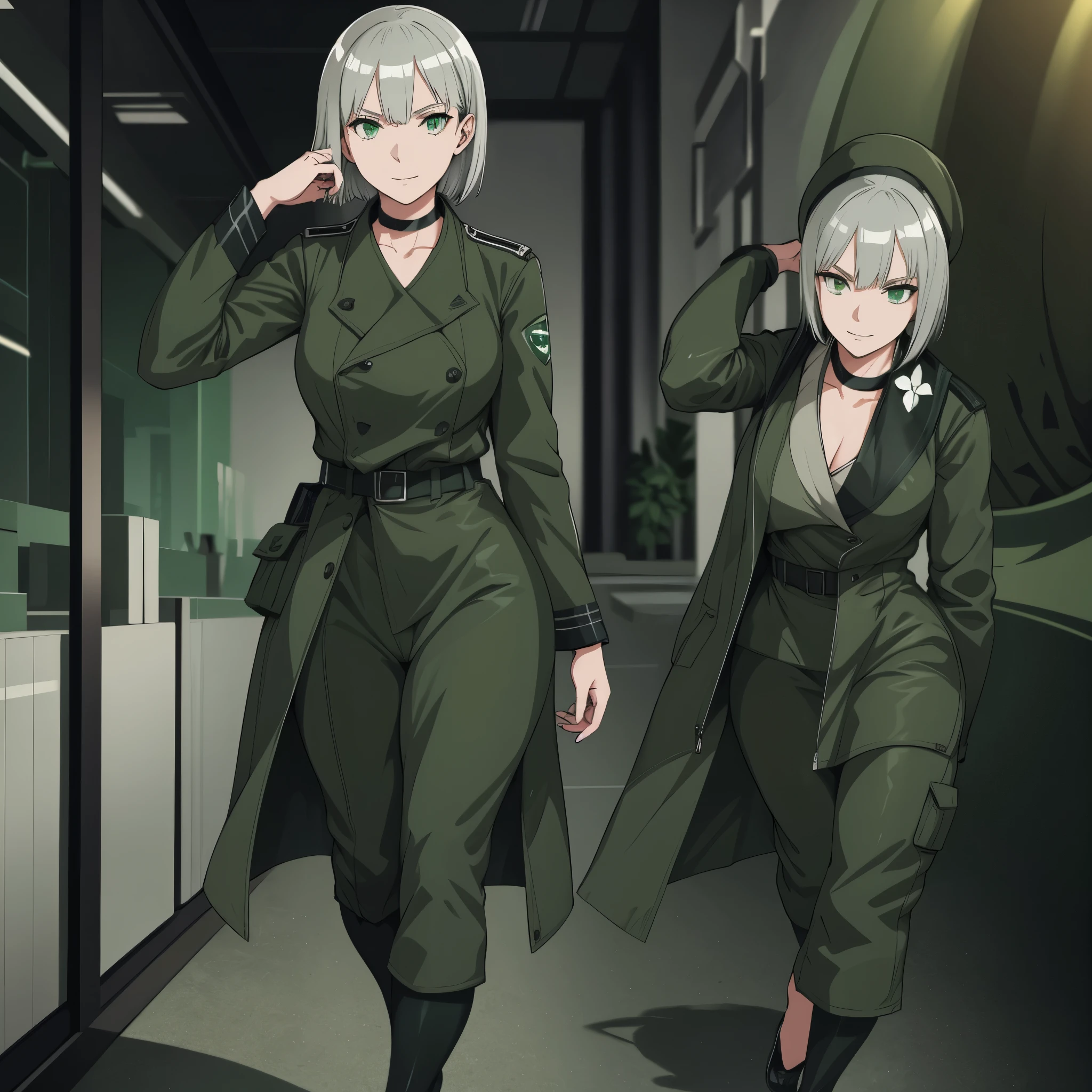 A woman wearing a moss green military uniform, short silver hair, green eyes, smiling, walking in a sophisticated white marble room with green LED lights, full body, exposed thigh, perfect face,close up view, in a sophisticated luxury airport. shadow, flower, UHD, masterpiece, accurate, anatomically correct, textured skin, super detail, high quality, best quality, 8k, high resolution, bokeh effect.(woman solo)
