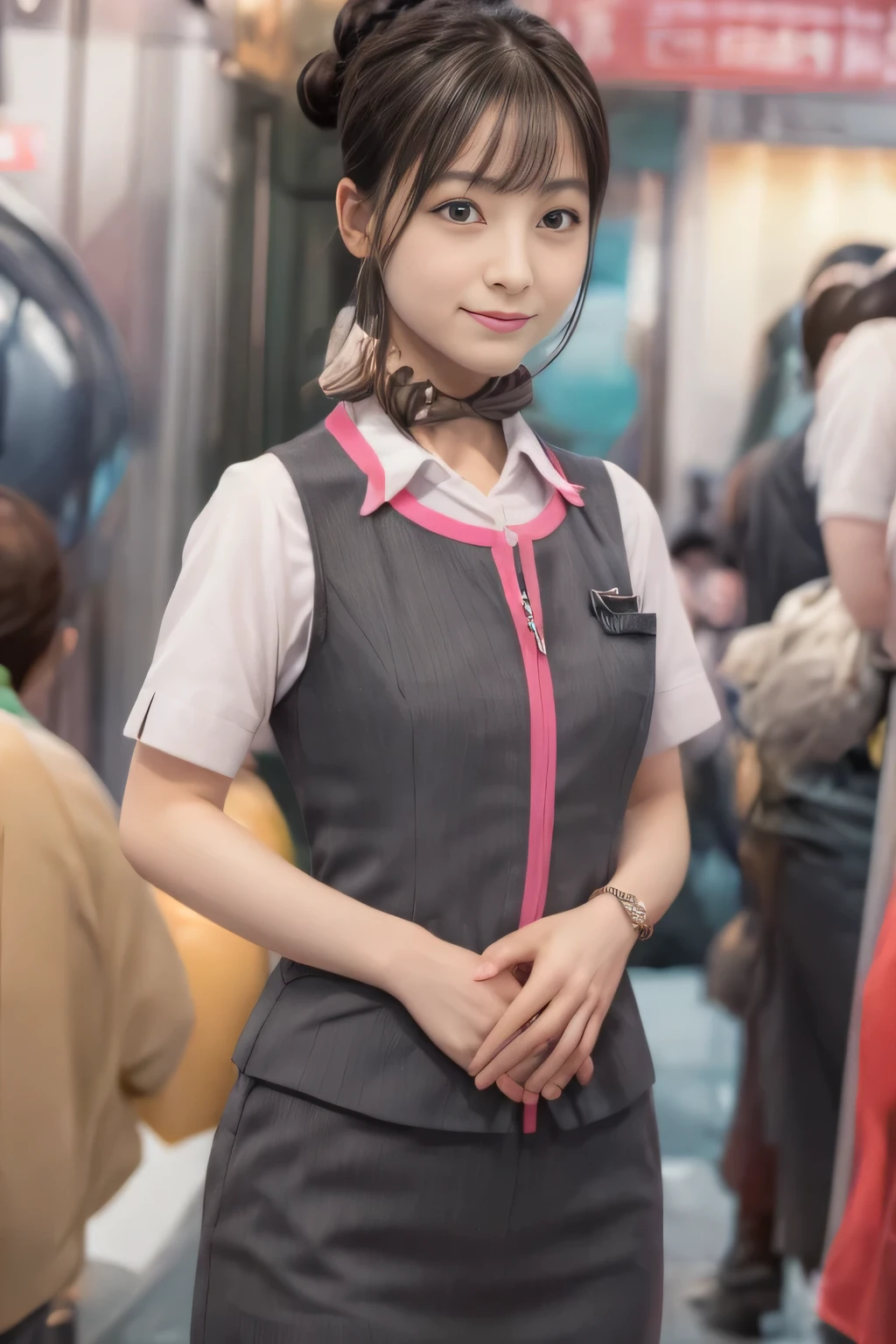 (masterpiece:1.2, highest quality:1.2), 32K HDR, High resolution, (alone、1 girl)、（At the station platform、Professional Lighting）、Station Background、（Realistic style wearing JR GranClass attendant uniform）、Blouse with short sleeves、Scarf around the neck、（JR GranClass attendant uniform with pink parts on the sleeves of the skirt）、（JR GranClass attendant uniform with pink stripe on the front of the vest）、Dark brown hair、（Hair tied up、Bun Hair、Chignon）、Dark brown hair、Long Shot、（（Fine hand：2.0）），（（Harmonious body proportions：1.5）），（（Normal limbs：2.0）），（（Normal finger：2.0）），（（Delicate eyes：2.0）），（（Normal eyes：2.0））)、Luxury Necklace、Captivating look、Beautiful standing posture,Place your hands around your stomach