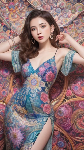 (masterpiece, highest quality, highest quality, Official Art, beautifully、aesthetic:1.2), (One girl:1.3), Very detailed,(Fractal Art:1.1),(colorful:1.1)(Flowers:1.3),Most detailed,(Zentangle:1.2), (Dynamic pose), (Abstract background:1.3), (China dress:1.2), (Shiny skin), (Many colors:1.4), ,(Earrings:1.4),