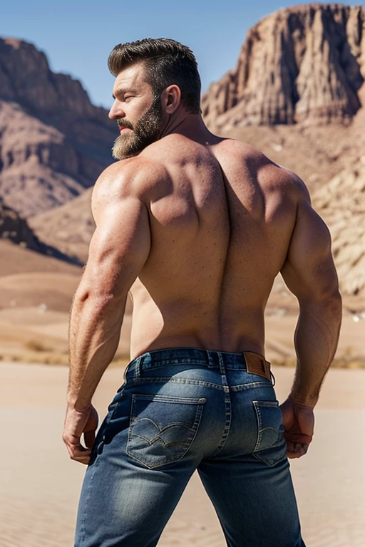 Mature man, very handsome, best quality, adventurer,  gray jeans, hairy chest , masterpiece, super high resolution, detailed background, reality, , single, 1 boy, muscle man, beard, desert, desert, mountain, muscle, facial hair, volumetric lighting, depth of field, wheezing, raised crotch, handsome action, big dynamics, (((big butt))) ((backside)) Picking up a stone from the floor 