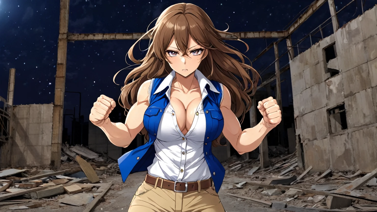 beautiful sexy anime girl with long brown hair & a muscular body, clenching her fists, fight idle pose, wearing white sleeveless button up collared shirt with a blue vest over it & beige khaki pants, in a abandoned urban construction site at night time, 1girl