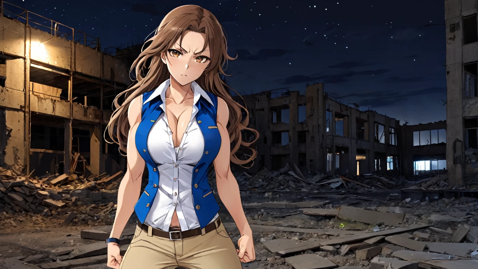 beautiful sexy anime girl with long brown hair & a muscular body, clenching her fists, fight idle pose, wearing white sleeveless button up collared shirt with a blue vest over it & beige khaki pants, in a abandoned urban construction site at night time, 1girl