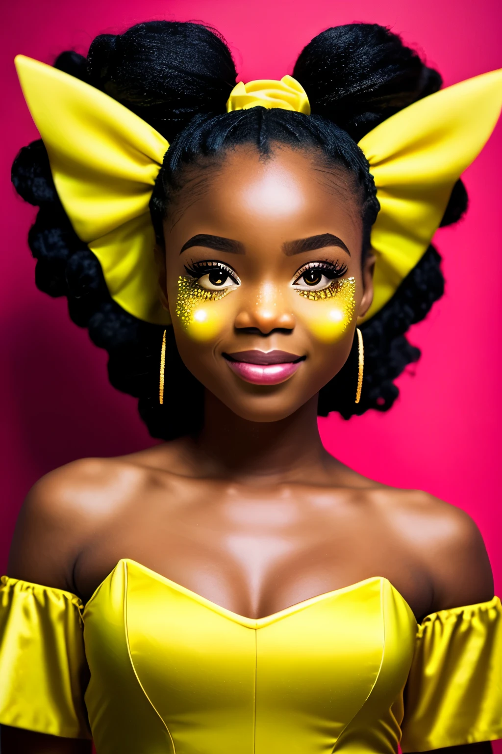Stunning high resolution image, captured with a wide-angle lens, featuring a beautiful 25-year-old black African woman elegantly portrayed as the iconic Pikachu from Pokemon. The artistic representation showcases her as a mature, vibrant version of the beloved character, with striking yellow eyes that glimmer like the electric energy Pikachu is known for. The Disney-inspired animation style adds a touch of enchantment, while the fine details and realistic rendering ensure a captivating and immersive visual experience. The overall image exudes a fresh and dynamic aesthetic, with a focus on cinematic lighting that spotlights the mesmerizing subject, making this a truly unique and trend