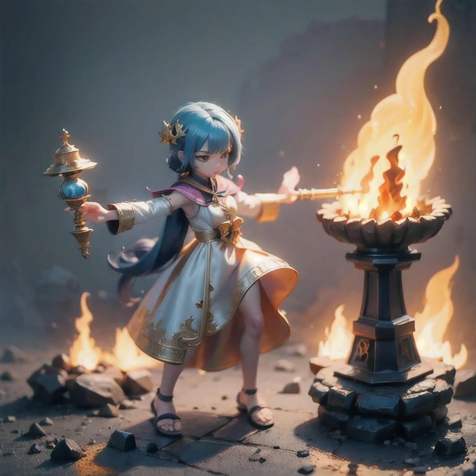  there is a girl with blue hair and a white dress holding a fire, ice sorceress, the sorceress casting a fireball, fantasy character photo, casting fire spell, (octane render) fantasy style, ice and fire, a sorceress casting a ice ball, realistic fantasy render, she has fire powers, ice mage, fantasy photoshoot  ,      arafed(((Perfect college student))