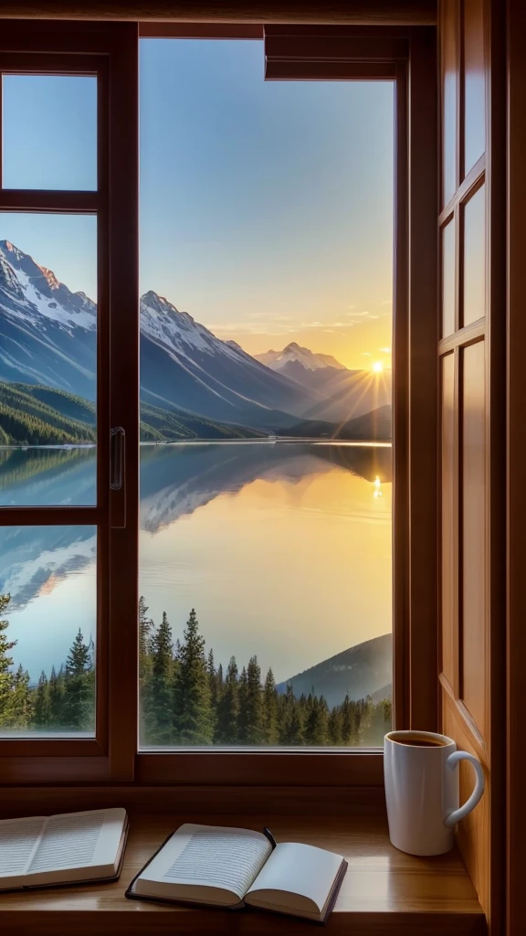 morning dawn, there is a hot cup of coffee on the table, The window offers a beautiful view of the summer mountains, The Word of God is on the table, Notepad and pen.