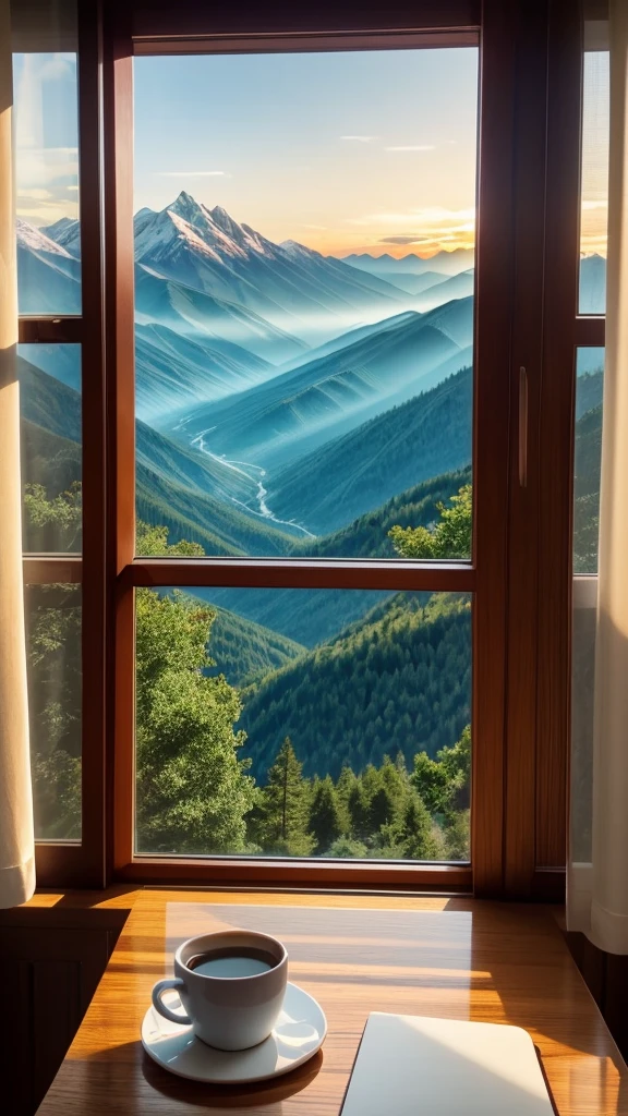 morning dawn, there is a hot cup of coffee on the table, The window offers a beautiful view of the summer mountains, The Word of God is on the table, Notepad and pen.