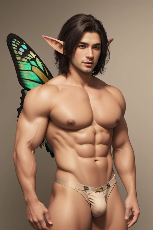 best quality,masterpiece,Ultra high detail,A handsome muscular elf fairy man, With big wide massive butterfly wings, Short black hair,topless,),(super duper bulge his beige micro thong),realistic,Grey background,