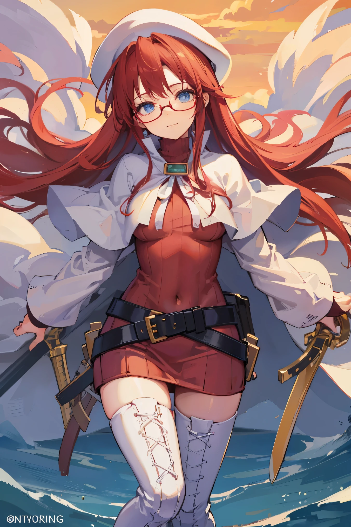 summonnightaty, aty, (young:1.3),long hair, blue eyes, red hair, large_beret, hat, glasses,
BREAK long hair, thighhighs, hat, dress, boots, glasses, belt, cape, sweater, zettai ryouiki, beret, thigh boots, white footwear, ribbed sweater, loose belt,solo,
BREAK outdoors, fantasy,on_beach
,Highquality_hads,perfect_fingers,
BREAK (masterpiece:1.2), best quality, high resolution, unity 8k wallpaper, (illustration:0.8), (beautiful detailed eyes:1.6), extremely detailed face, perfect lighting, extremely detailed CG, (perfect hands, perfect anatomy),covered_nipples,covered_navel ,half_eyes,long_sword,sleepy,standing,red_sweater,apart_knees,magical_effect,spread_legs, have_a_book,teacher,rise_knee,Smile,rise_hand,look_down_viewer,spread_arms,