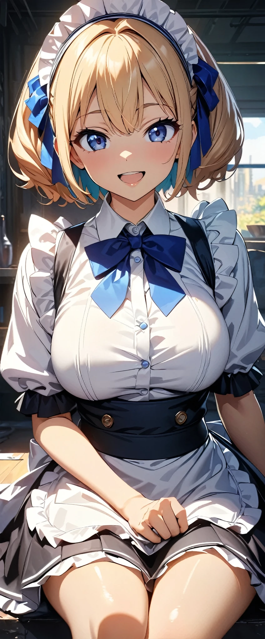 (highest quality:1.2, 4K, 8k, Studio Anime, Very detailed, up to date, Vibrant, High detail, High Contrast, masterpiece:1.2, highest quality, Best aesthetics), (((1 girl))), Sitting, Maid, Maid服, Blue Ribbon, Frills, Open your mouth slightly:1.2, smile, With your hand, Get closer, Friendly atmosphere, Fun and young々Shii々Cool vibe, Precision and focus, Striking contrast,