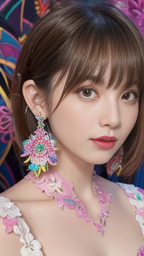 Ultra-high resolution、Ultra HD、8k、Ultra-realistic live-action、masterpiece、Real Live Action、(masterpiece, highest quality, highest quality, Official Art, beautifully、beautiful:1.2), (One Girl:1.3), Very detailed,(Fractal Art:1.1),(colorful:1.1)(Flowers:1.3),Most detailed,(Zentangle:1.2), (Dynamic pose), (Abstract background:1.3), , (Shiny skin), (Many colors:1.4), ,(Earrings:1.4),