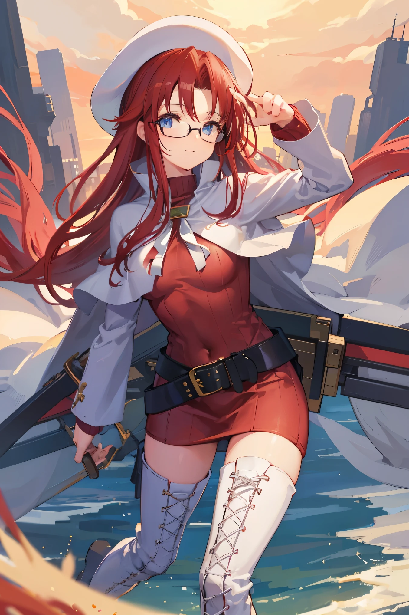 summonnightaty, aty, (young:1.3),long hair, blue eyes, red hair, large_beret, hat, glasses,
BREAK long hair, thighhighs, hat, dress, boots, glasses, belt, cape, sweater, zettai ryouiki, beret, thigh boots, white footwear, ribbed sweater, loose belt,solo,
BREAK outdoors, fantasy,on_beach
,Highquality_hads,perfect_fingers,
BREAK (masterpiece:1.2), best quality, high resolution, unity 8k wallpaper, (illustration:0.8), (beautiful detailed eyes:1.6), extremely detailed face, perfect lighting, extremely detailed CG, (perfect hands, perfect anatomy),covered_nipples,covered_navel ,half_eyes,long_sword,sleepy,standing,red_sweater,apart_knees,magical_effect,spread_legs, have_a_book,teacher,rise_knee,Smile,rise_hand,look_down_viewer,spread_arms,