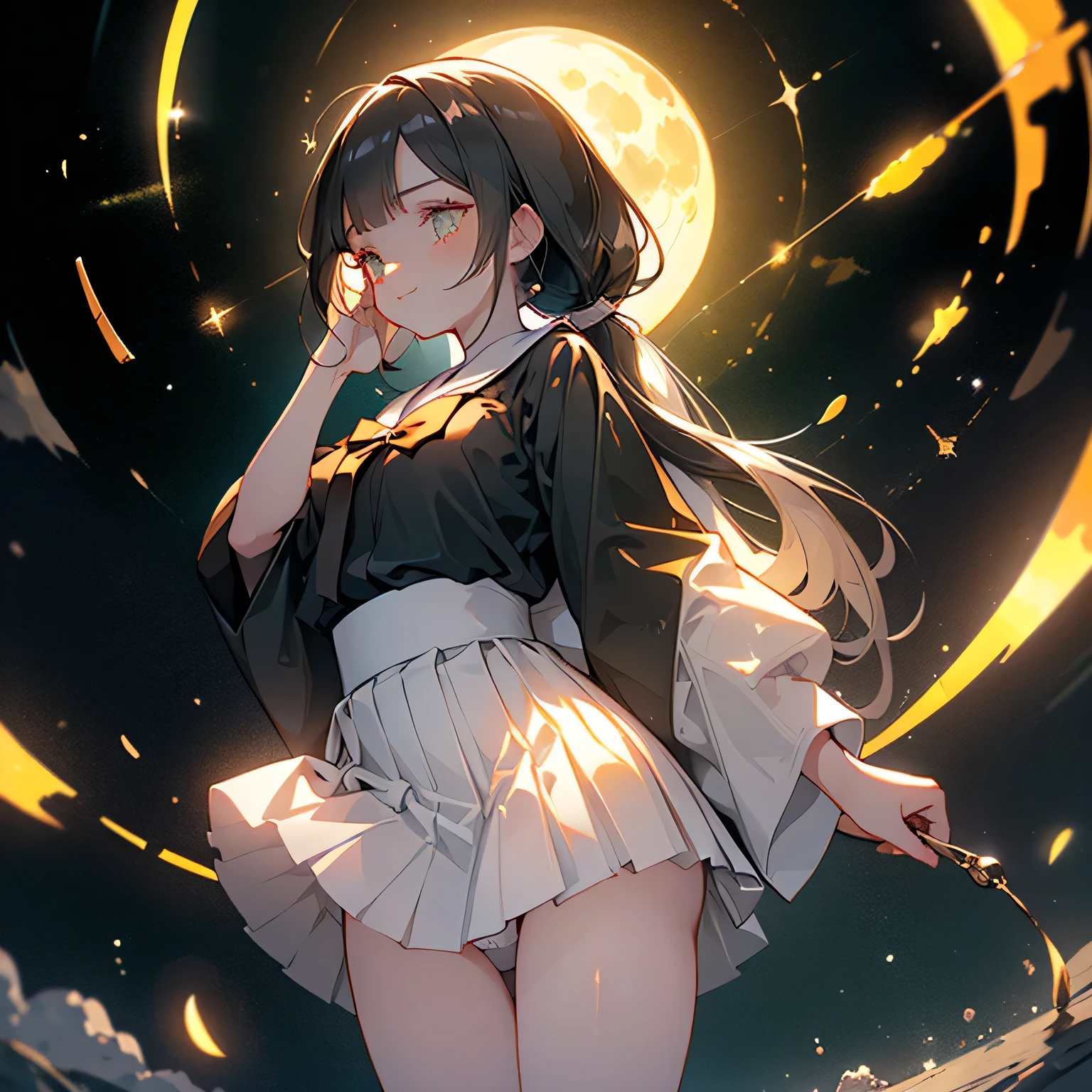 ((panty shot)),((lifting skirt)),((white panties focus)),
(low angle,from below),((masterpiece, highest resolution,best quality)), (beautiful illustration), ((semi long beautiful black hair,blunt bangs,pony tail,beautiful eyes)),(solo),(Japanese high ,sailor,mini skirt),(looking at the viewer), (walking on the moon),(crater,night sky,moon surface,space craft,green earth),(innocent cute smile), (cinematic lighting),