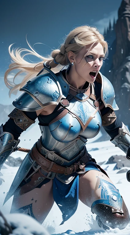 1 gigantic woman, mature woman, solo focus, 45 years old, beautiful Swedish woman, brutish, toned body, blond viking hair, viking leather armor, toned abs, (pale blue skin), bluish eyes, holding battle axe, screaming, masterpiece, ultra HD, insane details, realistic, detailed face, face paint, detailed skin texture, snow forest background, battle field, dynamic angle, berserk,norse, berserker, big arm muscles, leg muscles, (bulky), leather straps, (((medium breasts))),(((blue Norse tattoos))),fit, muscled, detailed face, earrings, ((braided hair)),(((wearing rune etched full plate mail armour))