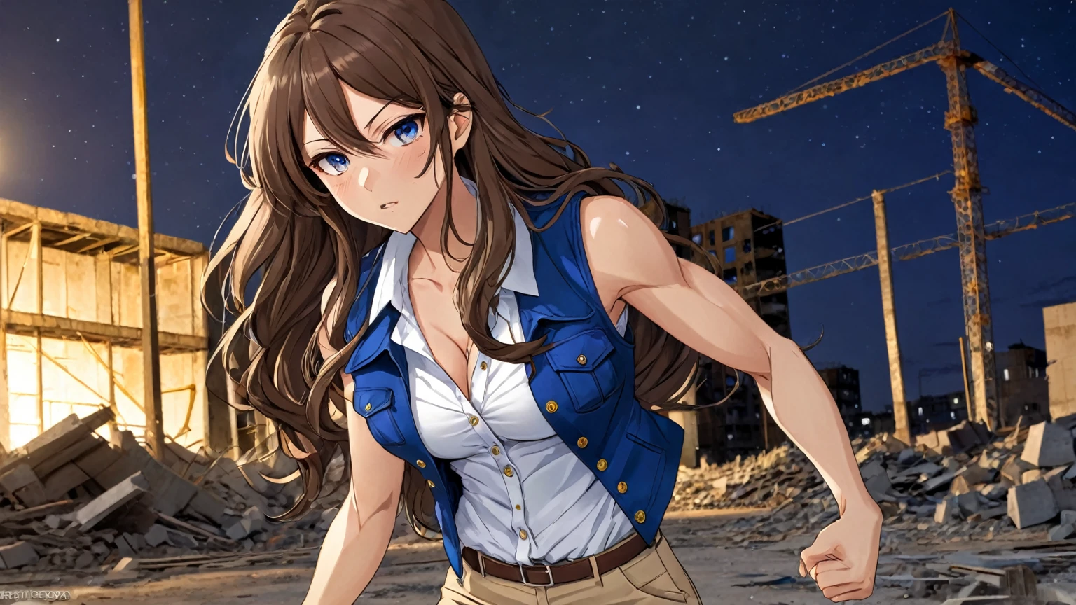 beautiful sexy anime girl with long brown hair & a muscular body, clenching her fists, fight idle pose, wearing white sleeveless button up collared shirt with a blue vest over it & beige khaki pants, in a abandoned urban construction site at night time, 1girl