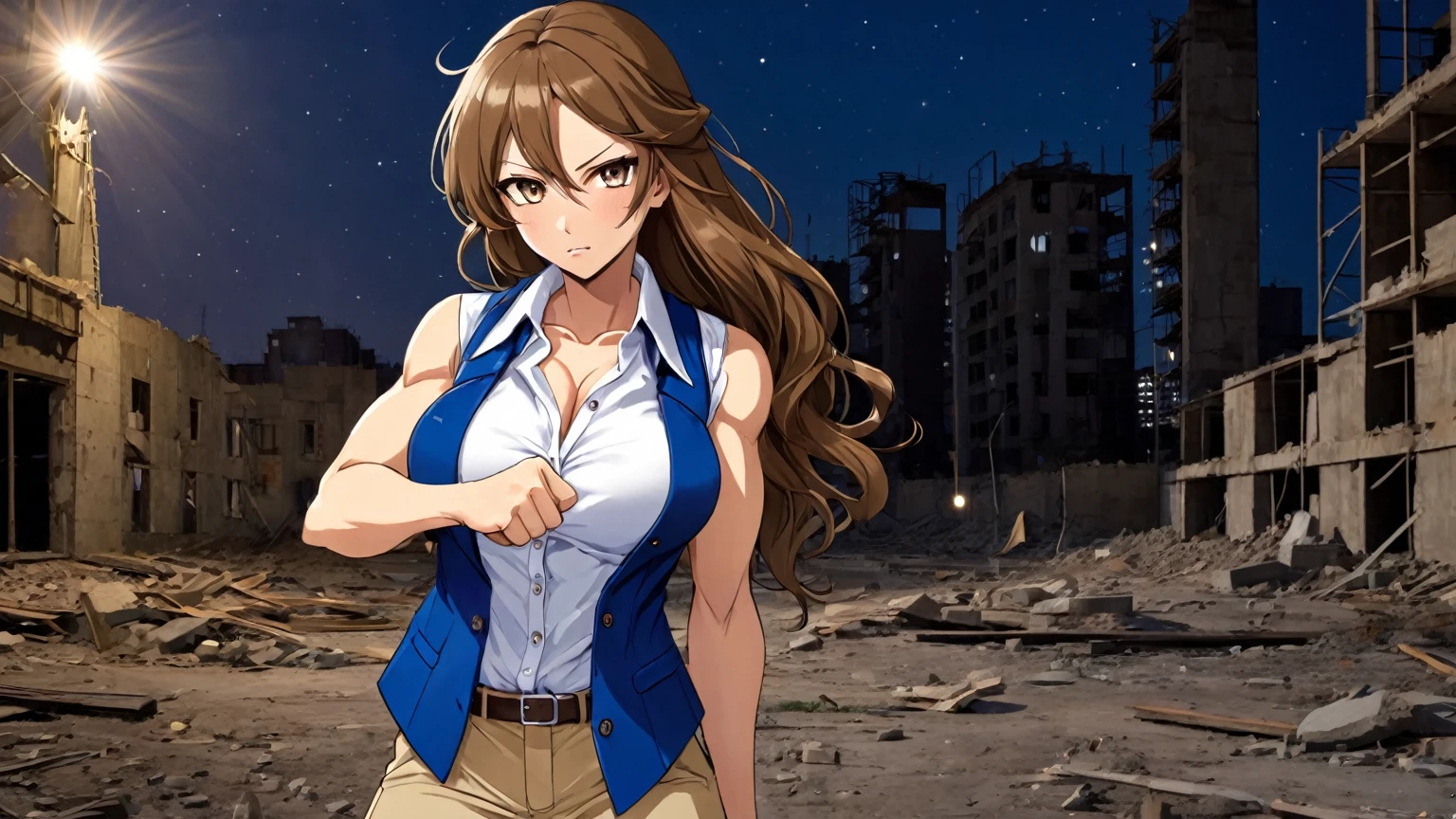 beautiful sexy anime girl with long brown hair & a muscular body, clenching her fists, fight idle pose, wearing white sleeveless button up collared shirt with a blue vest over it & beige khaki pants, in a abandoned urban construction site at night time, 1girl