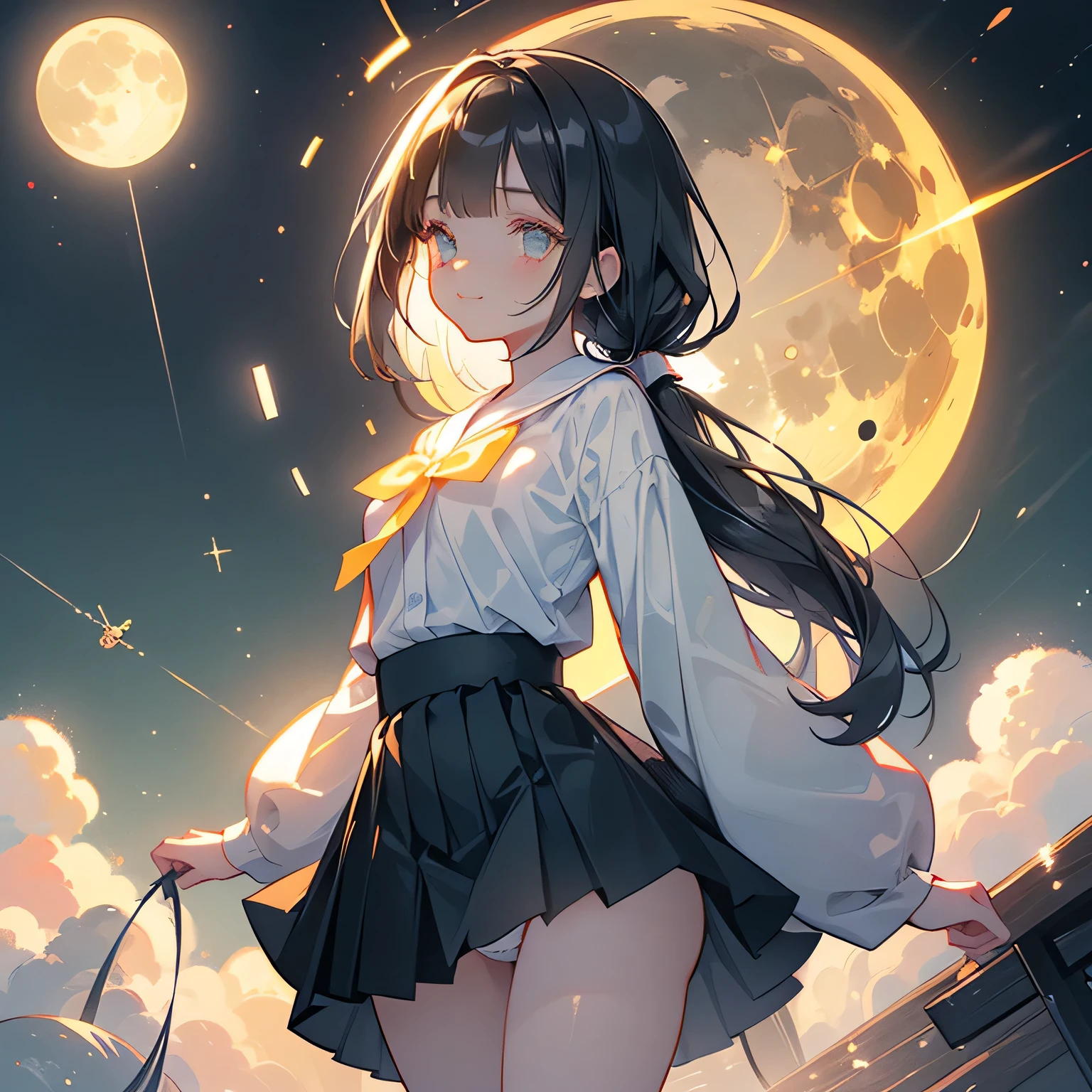 (( shot)),((lifting skirt)),((white panties focus)),
(low angle,from below),((masterpiece, highest resolution,best quality)),  (beautiful illustration), ((semi long beautiful black hair,blunt bangs,pony tail,beautiful eyes)),(solo),(Japanese high ,sailor,mini skirt),(looking at the viewer), (walking on the moon),(crater,night sky,moon surface,space craft,green earth),(innocent cute smile), (cinematic lighting),